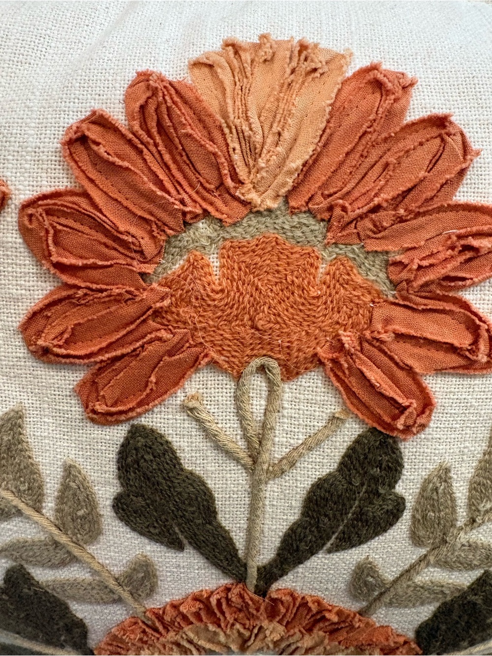 Embroidered Floral Throw Pillow. Fall square texture accent autumn orange green - Picture 8 of 8